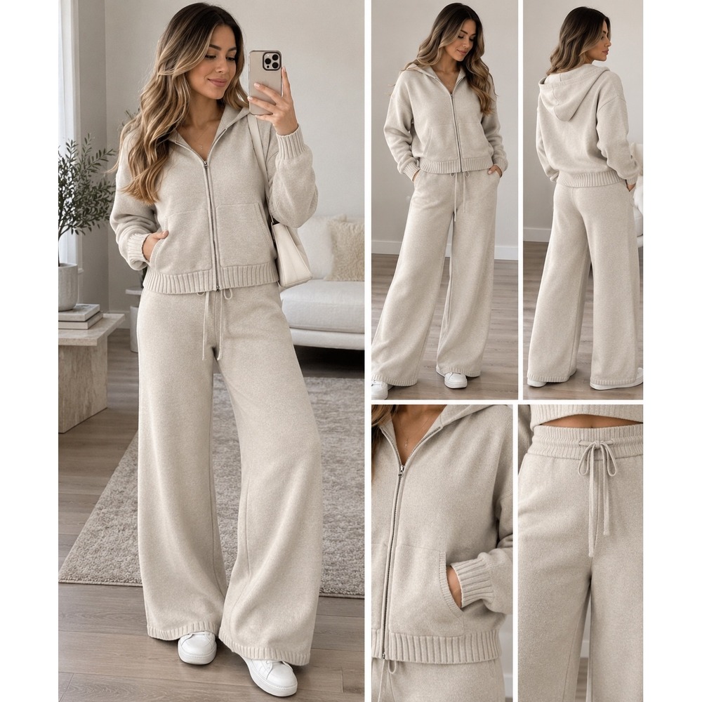 Maeve Anthropologie Beige Knit Sweater Lounge Set Zip Hoodie Wide Leg Pants L